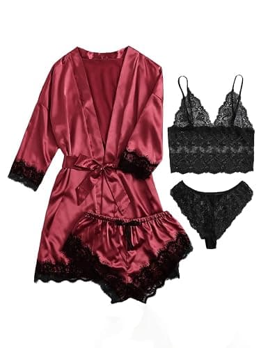 SOLY HUX Women's Satin Pajama Set 4pcs Floral Lace Trim Cami Lingerie Sleepwear with Robe - Large - Burgundy - Image 1