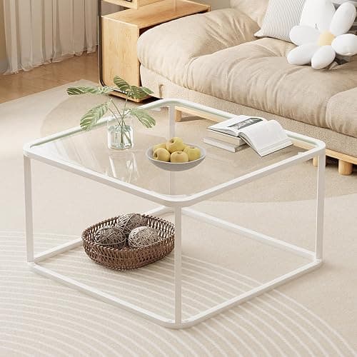 Coffee Table Glass, Minimalist Square Tables for Living Room, Modern Center Table for Office or Small Space, Sturdy Metal Frame, Easy Assembly, 26.4 x 26.4 x 15.7 Inches, White - Image 1