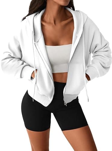 Hilinker Womens Cropped Zip Up Hoodie Drawstring Long Sleeve Crop Hooded Jacket with Pocket - Image 1