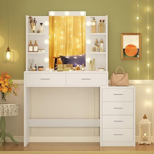 TEENFON Vanity Desk with 6 Drawers, 6 Open Shelves, Makeup Vanity with Mirror and Lights, Dressing Table with 3 Lighting Color Adjustable, Bedroom, White thumbnail 8