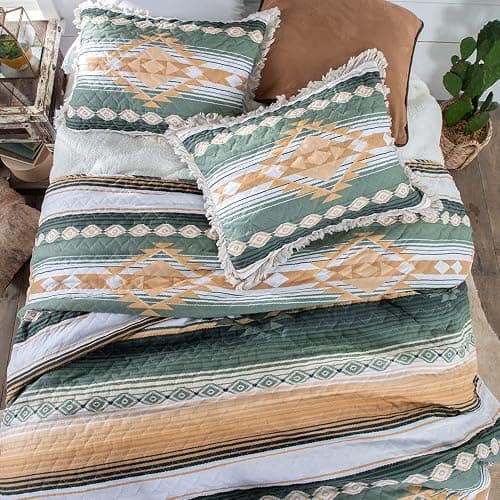 Rod's Zuma (Quilt Set) Southwest Aztec Ruffle - Deep Green, Sage, Tan, Sand, Gold and White - 3 Piece Bedding Set - (1) Full/Queen Quilt (90x90in) and (2) Standard Shams (20x26in) thumbnail 4