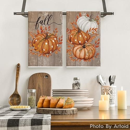 Artoid Mode Wood Pumpkin Leaves Fall Kitchen Towels Set of 2 18x26 Inch | Thanksgiving Autumn Wood Buffalo Plaid Hand & Dish Towels,Ultra Absorbent,Seasonal Farmhouse Decoration thumbnail 2