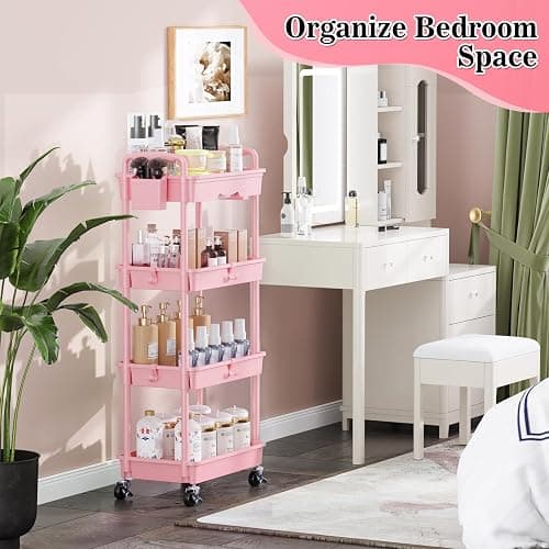 SUNALLY 4 Tier Rolling Utility Cart with Drawer, Storage Organizer Cart with 2 Lockable Wheels, Multifunctional Rolling Storage Cart for Bathroom, Kitchen, Craft, Makeup, Baby Essentials, Pink thumbnail 7