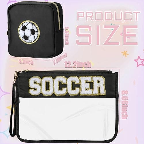 BuyCard 2 Pcs Soccer Gifts Makeup Bag with Chenille Letter Patch, Clear Cosmetic Pouch PVC Organizer Purse, Waterproof Travel Bag, Portable Toiletry Storage Bag for Her Girls Friends Women thumbnail 3