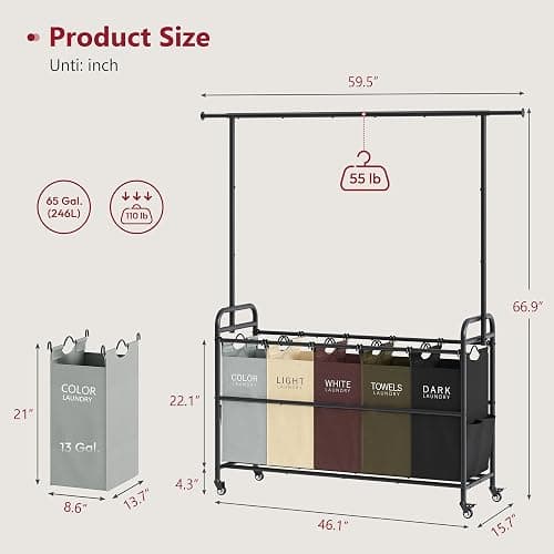 Tajsoon Laundry Sorter Cart with Hanging Rack, 5 Section Laundry Hamper, 246L (65 Gal.) Laundry Basket with Wheels, Removable Hamper Organizer for Dirty Clothes Bathroom Cloakroom, 5 Colors thumbnail 7