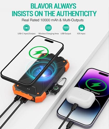 BLAVOR Solar Charger Power Bank 10,000mAh, Portable Wireless Charger, 20W Fast Charging External Battery Pack with USB C for Cell Phones, Solar Panel Charger with Dual Flashlight for Camping thumbnail 5