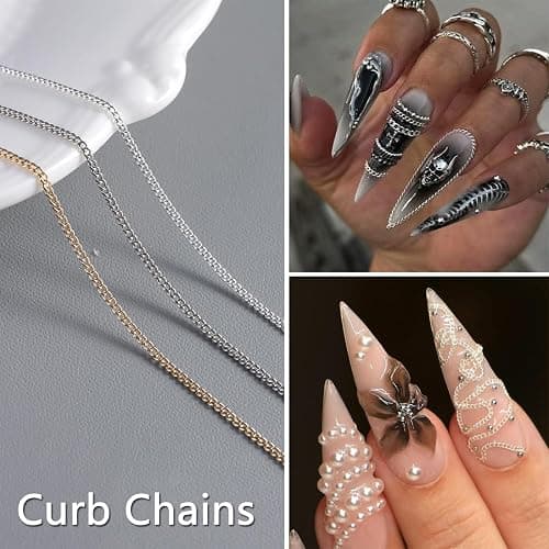 12 Strips Metal Chain 3D Nail Art Charms, Punk Alloy Nail Rivets Jewelry | Gold Silver Dark Gray Nail Chains, Gothic Manicure Accessories for Women, DIY Crafts Decorations thumbnail 4