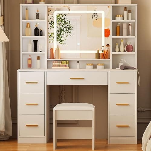 ANWBROAD Vanity Desk Table with Lighted Mirror 39.4“ Girls Makeup Vanity with Power Outlet 3 Colors Lighting Adjustable Brightness Vanity Table for Women Bedroom Dressing Room White UBDT65W thumbnail 7
