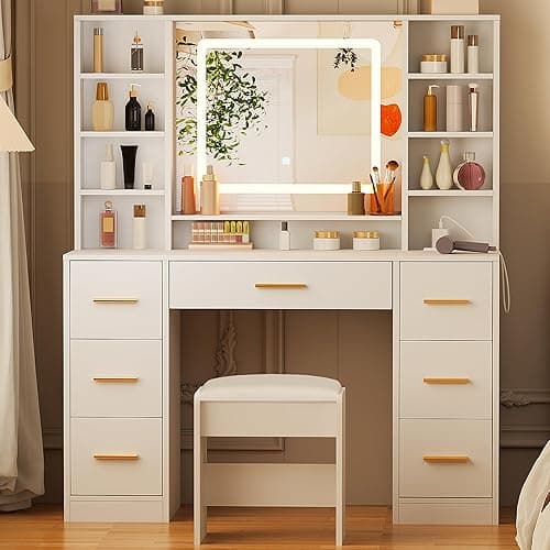 ANWBROAD Vanity Desk Table with Lighted Mirror 39.4“ Girls Makeup Vanity with Power Outlet 3 Colors Lighting Adjustable Brightness Vanity Table for Women Bedroom Dressing Room White UBDT65W thumbnail 8