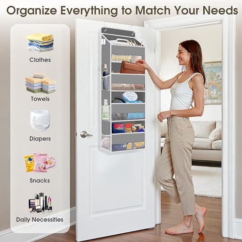 SpaceHacks 1 Pack Over The Door Organizer, Hanging Storage Organizer with Clear Window, 40lb Ultra Sturdy Large Capacity Room Organizer for Pantry Laundry Bathroom Nursery Closet Baby Essential (Grey) thumbnail 6