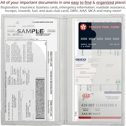 Auto Insurance and Registration Card Holder - Vehicle Glove Box Document Organizer - Car Essential Paperwork Holder for DMV, AAA, Contact Information Cards - Premium PU Leather Wallet Case - White thumbnail 4