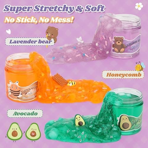 Keemanman Slime Kit - 3 Pack Jelly Cube Clear Crunchy Slime with Avocado, Honeycomb and Lavender Bear Charms, Preppy and Aesthetic Stuff, Cute Stress Toys and Cool Birthday Gifts for Girls and Boys thumbnail 3