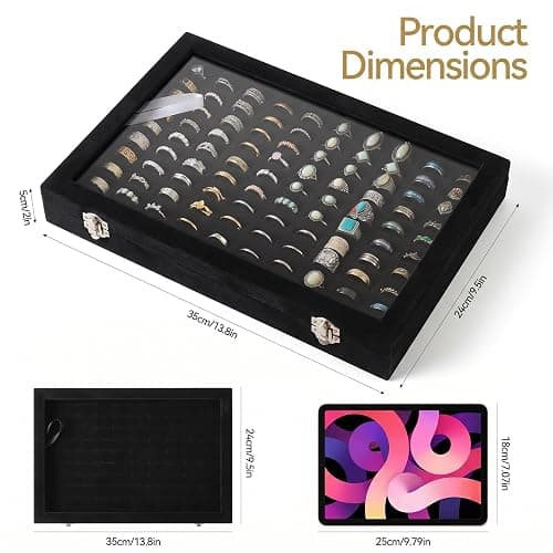 Frebeauty Ring Organizer Tray 100 Slots Ring Holder with Clear Lid Velvet Storage Box Jewelry Tray for Jewelry Store Earring Display Case for Jewelry Show Studs Box for Women(Black) thumbnail 3