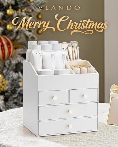 Vlando Makeup Organizer Countertop,Large Vanity Organizer PU Leather Make up Storage with 4 Drawers Skin care Organizer Cosmetic Display Case for Lipstick,Brushes,Bedroom-White thumbnail 3