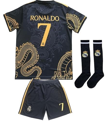 PURESTOF Madrid Ronaldo No #7 Special Dragon Edition Kids Soccer Jersey Kit Shorts Socks Set Youth Sizes - Black - 24 (6-7 Years).