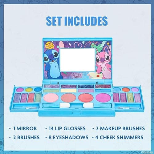 Stitch All-in-One Kids Cosmetic Compact Set Includes Washable Lip Gloss, Eye Shimmer, Cheek Shimmer, Brushes Colorful Portable Beauty Set for Girls, Tweens, by Townley Girl thumbnail 2