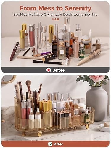 Booklov Rotating Makeup Organizer for Vanity Countertop, Amber | Clear Acrylic Cosmetic Display Case, Large Beauty Brush Holder for Bathroom Counter, Skincare Lipsticks Storage thumbnail 6