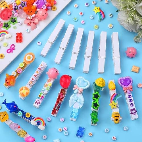 JOICEE 80 Set Cheer Pins Spirit Clips,Clothes pins Include 126 Mini Resin Animals Bows and Self Adhesive Stickers Pen 300 Beads Pearls for Backpacks Ribbon Team Classroom Cheer Gifts Bulk(White Wood) thumbnail 2