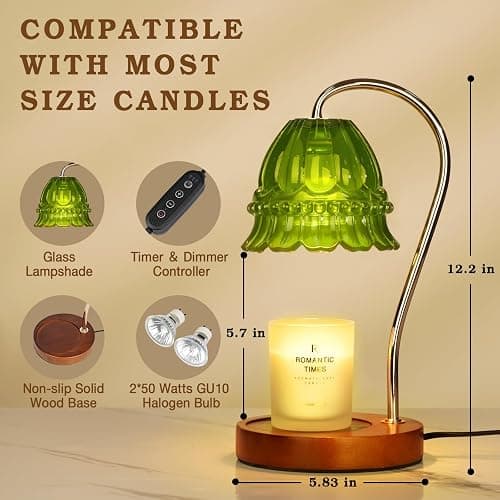 Funistree Dimmable Candle Warmer Lamp with Timer, Green Flower Candle Lamp Warmer for Jar Candles, Unique Women Mom Birthday Gifts Ideas, Fall Decor for Home Bedroom Living Room - A3-Flower Green thumbnail 2