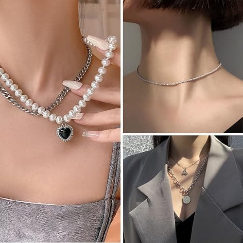 IFKM 36 PC Silver Plated Jewelry Set With 3 Necklace, 12 Bracelet, 7 Ear Cuffs Earring, 14 Knuckle Rings For Women Girls Valentine Anniversary Birthday Friendship Gift thumbnail 3