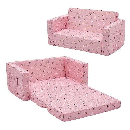 Ulax furniture Kids Fold Out Couch 2-in-1 Children Convertible Sofa to Lounger with Soft Plush Fabric(Pink Rainbow) thumbnail 3