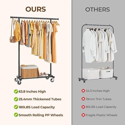 HYSEYY Clothes Rack, Clothing Rack for Hanging Clothes, Rolling Garment Rack Sturdy Coat Rack Portable Wardrobe Rack Metal Closet Rack for Bedroom Laundry Living Room, Black thumbnail 7