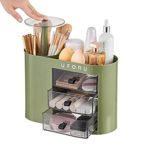 UFORU Makeup Organizer with Pop-Up Brush Holder for Dresser Vanity, Plastic Bathroom Counter Organizer with 3 Drawers & Dust-Proof Cover, Cosmetic Display Case for Lipstick, Skincare, Vintage Green thumbnail 8