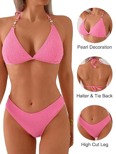 swimall Women's Triangle Bikini Set Cheeky High Cut Sexy Two Piece Swimsuit Cute Halter Bathing Suit thumbnail 4