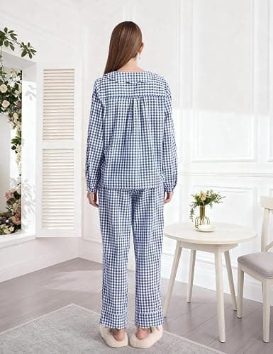 PEHMEA Women's Plaid Pajamas Set 2 Piece Cotton Gingham Sleepwear Puff Sleeve Scalloped Babydoll Shirt Lounge Pj Sets thumbnail 5