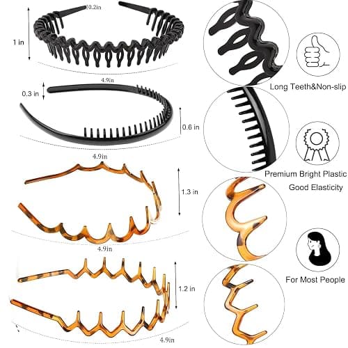 ULTIMUTE 8 PCS Fashion Effortless Plastic Headbands with Teeth Comb Black Skinny Headbands No Slip Hair Accessories Bands for Women Men Teen Girls, Leopard&Bright Black thumbnail 2