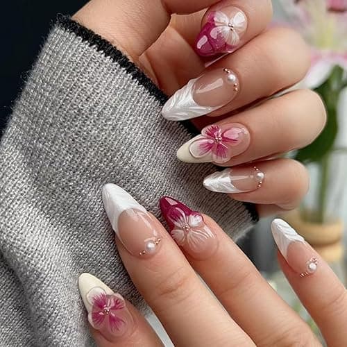 Flower Press on Nails White French Tip Fake Nails Medium Almond False Nails with Pearl Design 5D Floral Glue on Nails Glossy Artificial Acrylic Full Cover Spring Stick on Nails for Women Manicure - Purple flower - 0.04 Fl Oz (Pack of 24)