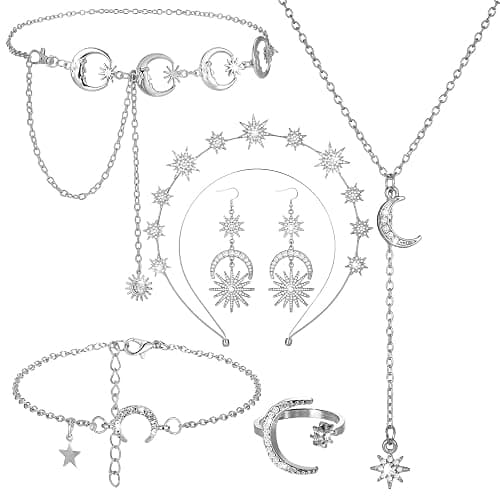 Glenmal 6 Pcs Halloween Crown Moon Star Headband Celestial Earrings Belt Jewelry for Wedding Moon Goddess Costume Accessories - Image 1
