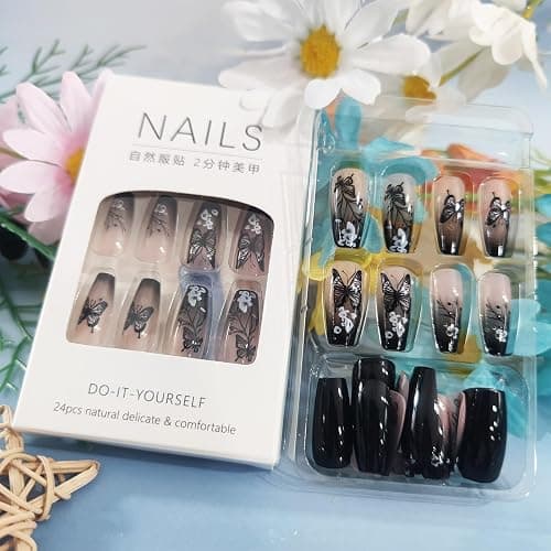 24Pcs Black Butterfly Press on Nails Glossy White Flower Medium Coffin False Nail Gradient Acrylic Full Cover Fake Nails French Gel Glue on Fingernails Ombre Stick on Nail for Holiday Manicure Art thumbnail 4