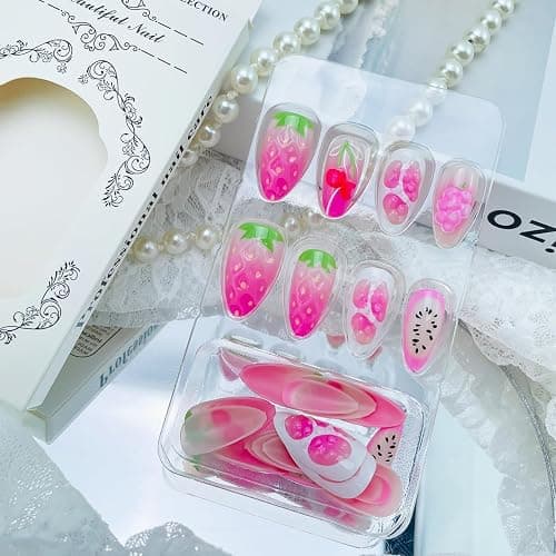 24Pcs Summer Fruit Press on Nails Almond Long Fake Nails with 3D Cherry Strawberry Designs Glossy Pink False Nails Summer Glue on Nails Full Cover Acrylic Stick on Nails for Women Girls DIY Decoration thumbnail 6