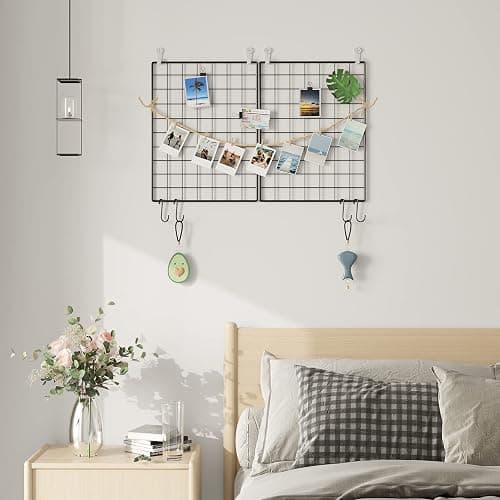 C&AHOME Photo Wall Grid Panel Set of 2, Decor Grid Panel, Photo Display Shelves, Hooks, Clips, Hemp Cord, Hammer, 15.7" 11.8", Black UWWGM3402B thumbnail 2