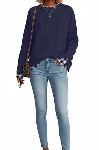 Womens Sweaters Fall Clothes Fashion 2026 Sweater School Teacher Outfits | Disamer Womens Sweater,Cowboy Chic Knit Cozy Sweater,Patchwork Long Sleeve Pullover Tops,Layered Winter Oversized Sweaters thumbnail 2