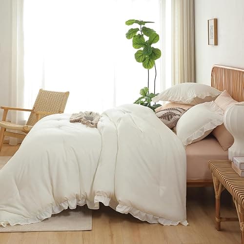 JANZAA Full Comforter Set Creamy White Ruffle Comforter with 2 Pillowcase Soft Full Size Bed Set Vintage Farmhouse Bed Comforter Set Fluffy Shabby Chic Bedding for All Season thumbnail 8