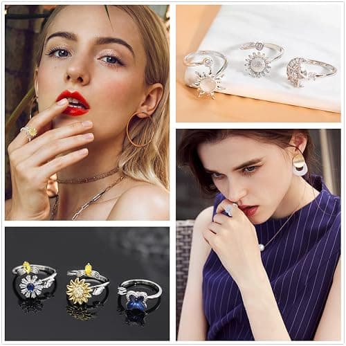 Honsny Fidget Rings for Women, Spinner Fidget Ring Set, Sunflower Butterfly Bee Star Moon Relief Spinning Rings for Adults thumbnail 2
