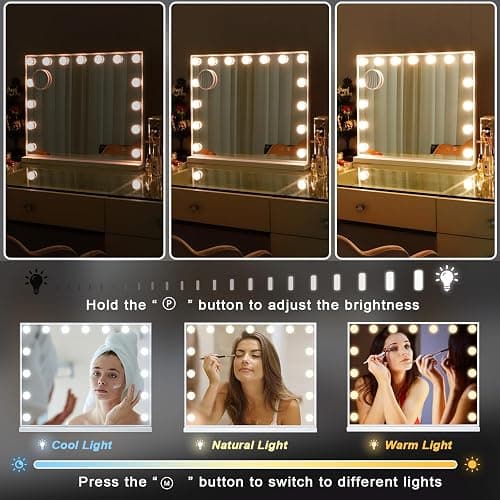 FENCHILIN Hollywood Spiegel mit 15 LED Lampen 58x46cm Schminkspiegel mit Beleuchtung mit USB Anschluss 3 Lichtmodi 10x Vergrößerung HD Gehärtetes Glas Weiß für Schlafzimmer thumbnail 4