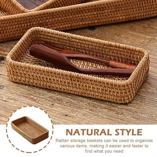 Rattan Serving Trays, Rectangle Decorative Display Tray, Storage Tray, Toilet Tank Paper Trays, Desktop Organiser Platters for Kitchen, Makeup, Vanity, Napkin, Candle, Ornament (Color:Brown) thumbnail 8