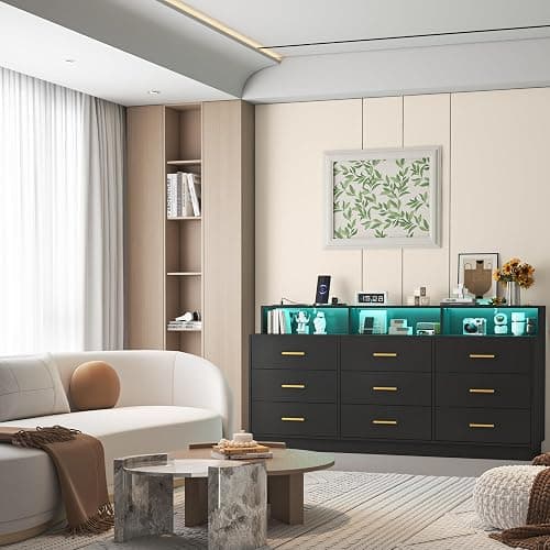 knoworld Black 9 Drawer Dressers for Bedroom, Modern Large Dresser with LED Light and Power Outlet, Wooden Long Dresser, Triple Dresser for Bedroom, Living Room, Entryway, Hallway thumbnail 7