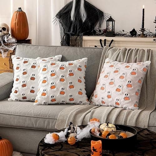 Halloween Pillow Covers 18x18 Inch, Set of 2, 3D Plush Ghosts with Pumpkins | Soft polyester, faux fur details, embroidered pumpkins, hidden zipper, inserts not included, for couch and bed decor thumbnail 4