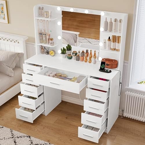 TEENFON Makeup Vanity with 11 Drawers, Vanity Desk with Mirror and Lights, 6 Shelves, 5 Jewel Hooks, Vanity Table with Power Strip for Bedroom, Livinng Room, White thumbnail 3