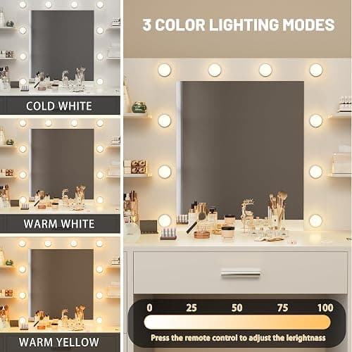 Furmax Vanity Desk with Mirror, LED Lights and Power Outlet Makeup Vanity Table with 7 Drawers and 6 Storage Shelves Dressing Table for Bedroom Dressing Room (White) thumbnail 4