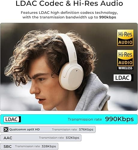Edifier W820NB Plus Hybrid Active Noise Cancelling Headphones - LDAC Codec - Hi-Res Audio Wireless & Wired - Fast Charge - Over Ear Bluetooth V5.2 Headphones for Travel/Home/Office- Ivory thumbnail 2
