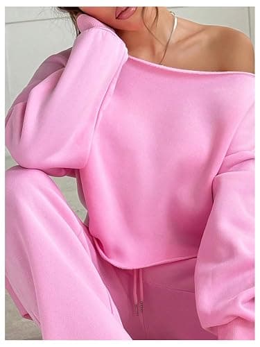 SOLY HUX Women's 2 Piece Outfits Fall Sweatsuits Off The Shoulder Crop Top Wide Leg Sweatpants Casual Matching Lounge Sets thumbnail 4
