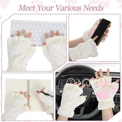 Sorcristy Cat Paws Gloves, Fingerless Winter Plush Gloves, White Fursuit Paws, Kawaii Clothes, Furry Paw, Cutecore Clothes, Costume for Girls Women 1 Pair thumbnail 7