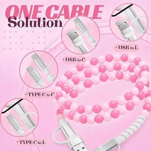 Atsidexa 4-in-1 Beaded Charging Cable, MFi Certified, Works with CarPlay, 3.3FT 60W Fast Charger Cord for iPhone 17/16/15/14/13/12/11, iPad, Samsung, Android and More (Pink Swirl) thumbnail 2