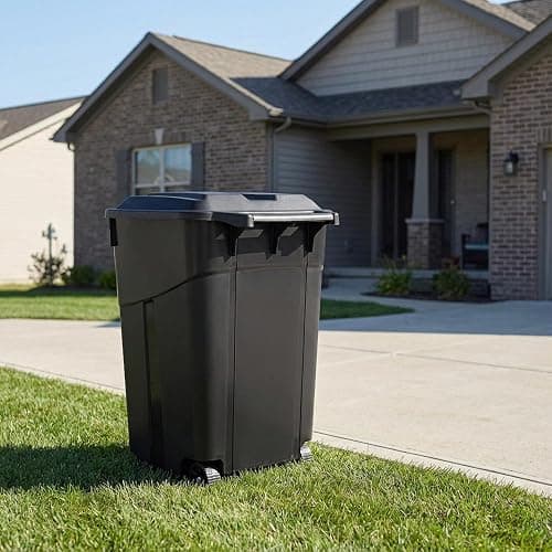 32 Gallon Outdoor Trash Can with Lid, Heavy-Duty Wheeled Garbage Bin for Backyard, Deck or Garage, Black, Can with Attached Snap Lock Lid and Heavy-Duty Handles (32 Gallon) thumbnail 8