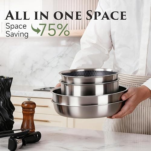 JEETEE Hybrid Stainless Steel Cookware Set with Detachable Handle, 18Pcs Pots and Pans Set Non Stick, Induction Kitchen Cookware Sets Removeble Handles, Camping RV Cooking Set, Dishwasher & Oven Safe thumbnail 7